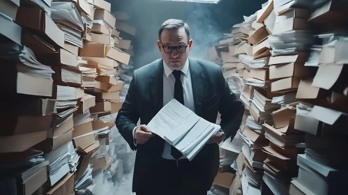 Man Surrounded by Documents: Office Overload