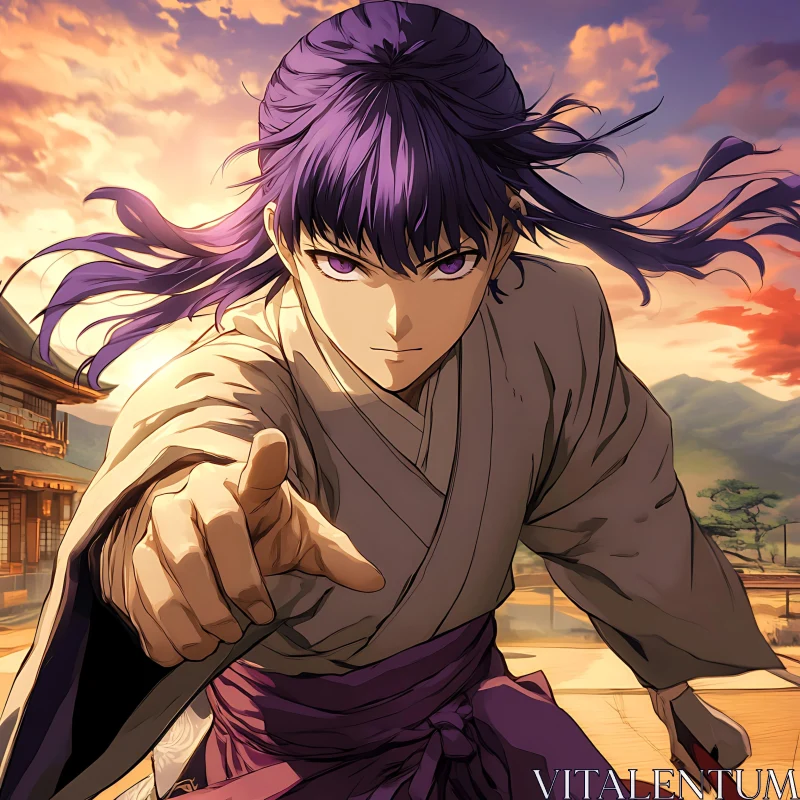 Dynamic Anime Character with Purple Hair and Traditional Attire AI Image