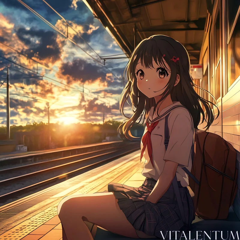 Anime Girl Watching Sunset at Train Station AI Image