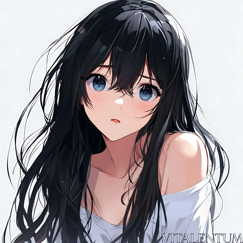 Melancholic Anime Girl with Long Black Hair AI Image