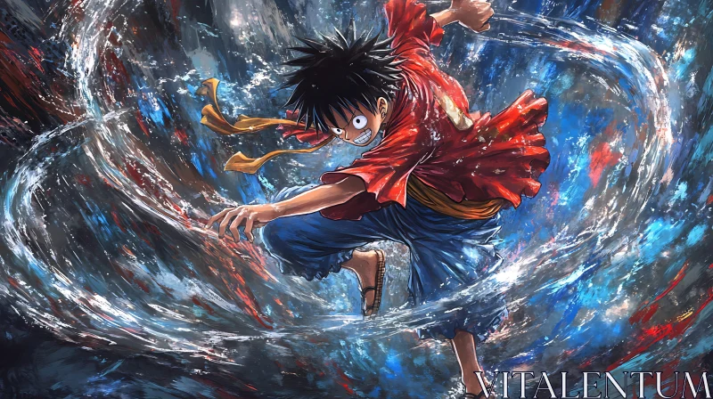 Anime Hero Amidst Swirling Water AI Image