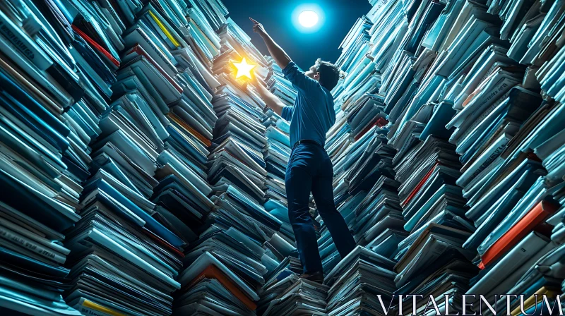 Man Reaching Star Amidst Paper Stacks AI Image