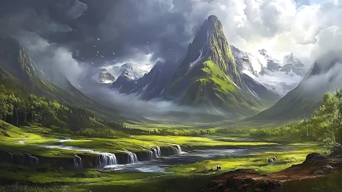 Lush Green Valley with Snow Mountains