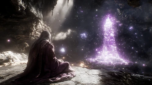 Wizard Meditating in Cave with Crystal