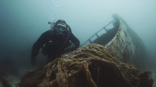 Submerged Shipwreck and Scuba Diver