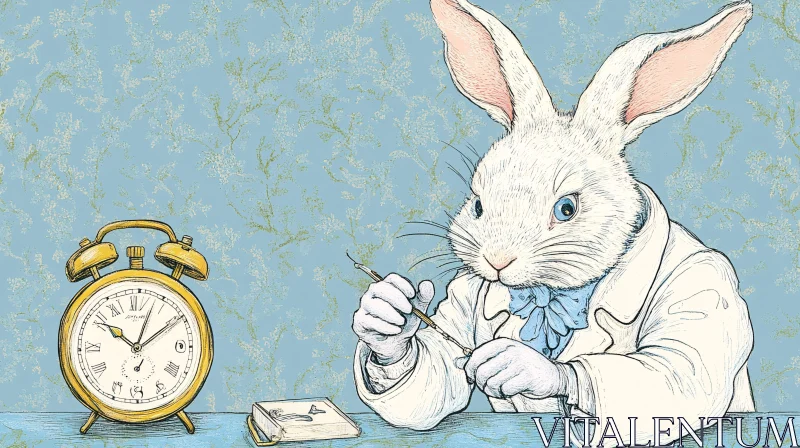 Whimsical Rabbit with Clock Illustration AI Image