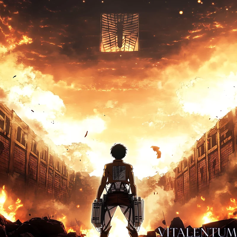 Anime Character in Fiery Cityscape AI Image