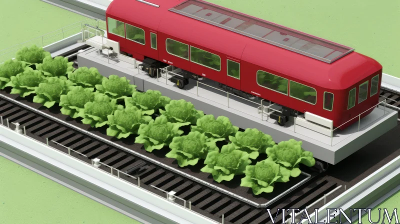 AI ART Urban Farming Concept - Red Train with Lettuce Garden