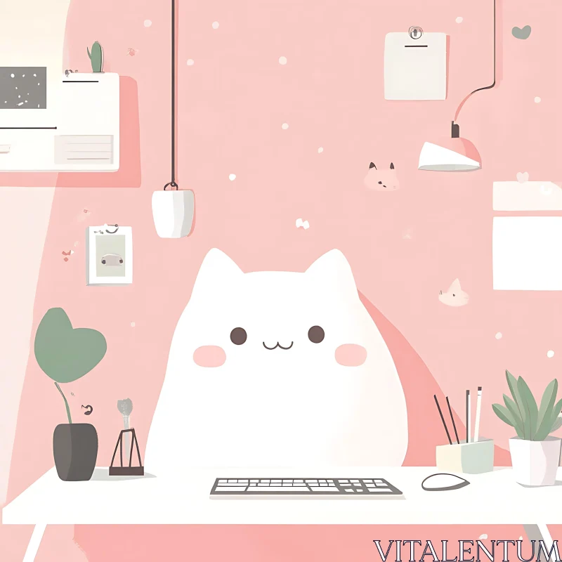 Charming Cat Illustration at a Minimalist Desk AI Image