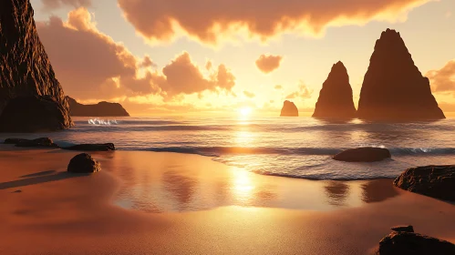 Seaside Sunset with Rock Formations