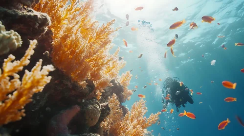 Scuba Diver Exploring Coral Reef with Fish