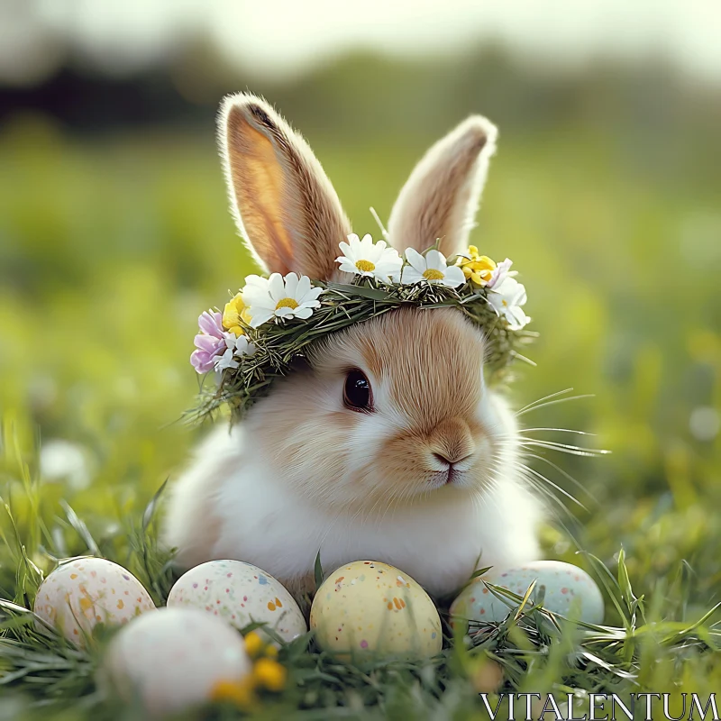 Easter bunny with floral wreath AI Image