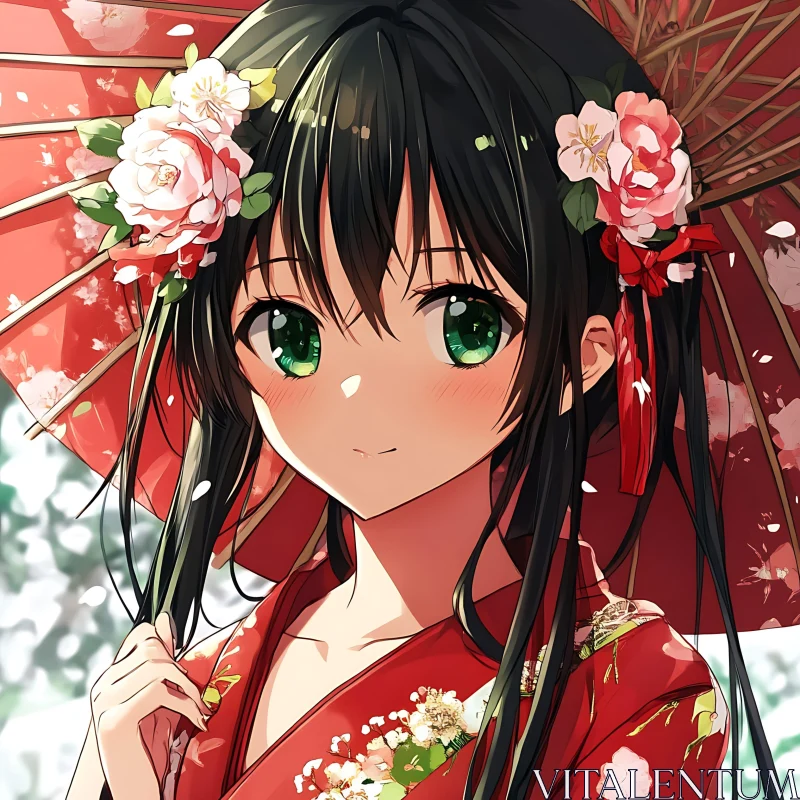 Anime Girl with Red Parasol and Floral Decorations AI Image