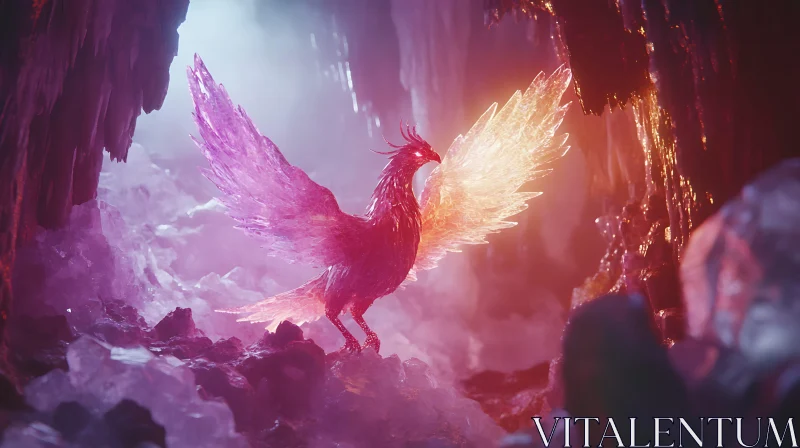 AI ART Phoenix Rising in Crystal Cave