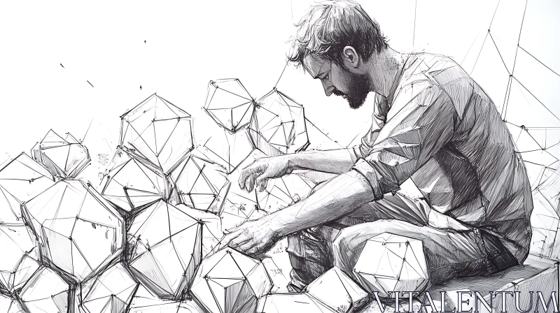 AI ART Man in Thought Surrounded by Dodecahedrons