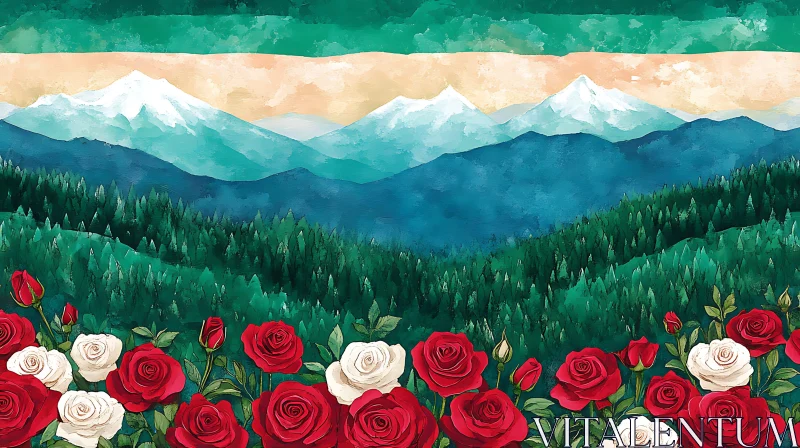 AI ART Mountain Forest and Roses Art