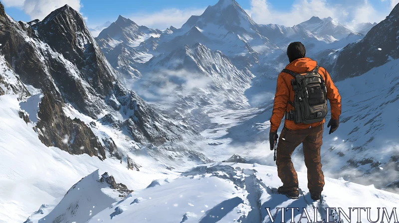 Snowy Mountain Vista with Hiker AI Image