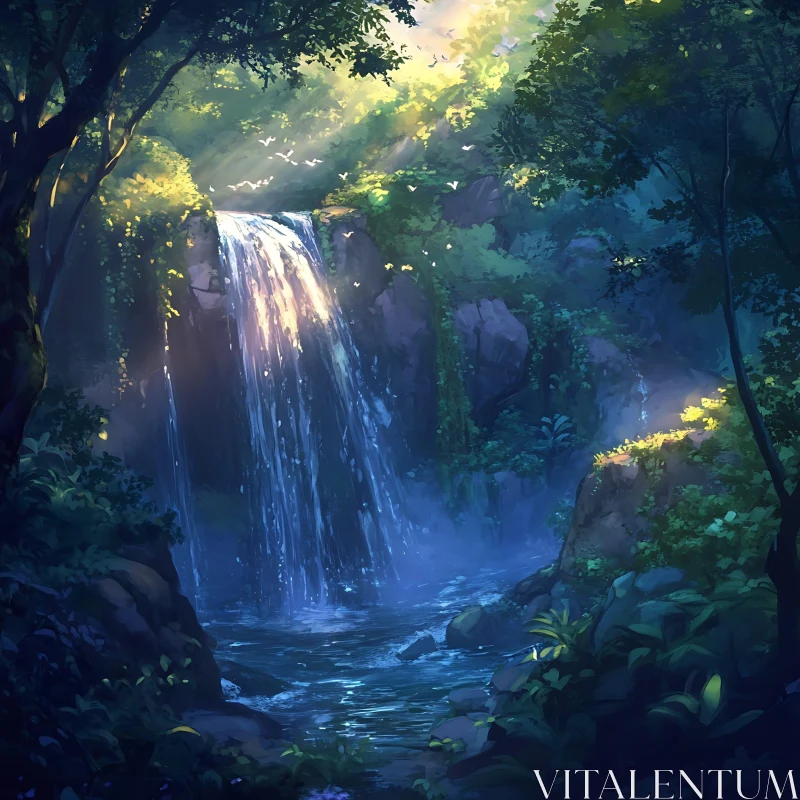 AI ART Tranquil Forest Waterfall with Sunlit Foliage