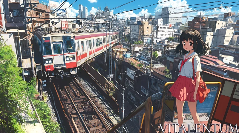 Cityscape with Train and Schoolgirl in Anime Style AI Image