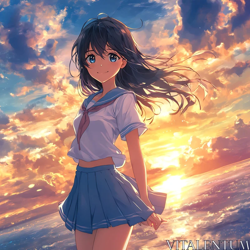 Sailor Uniform Girl in Sunset AI Image