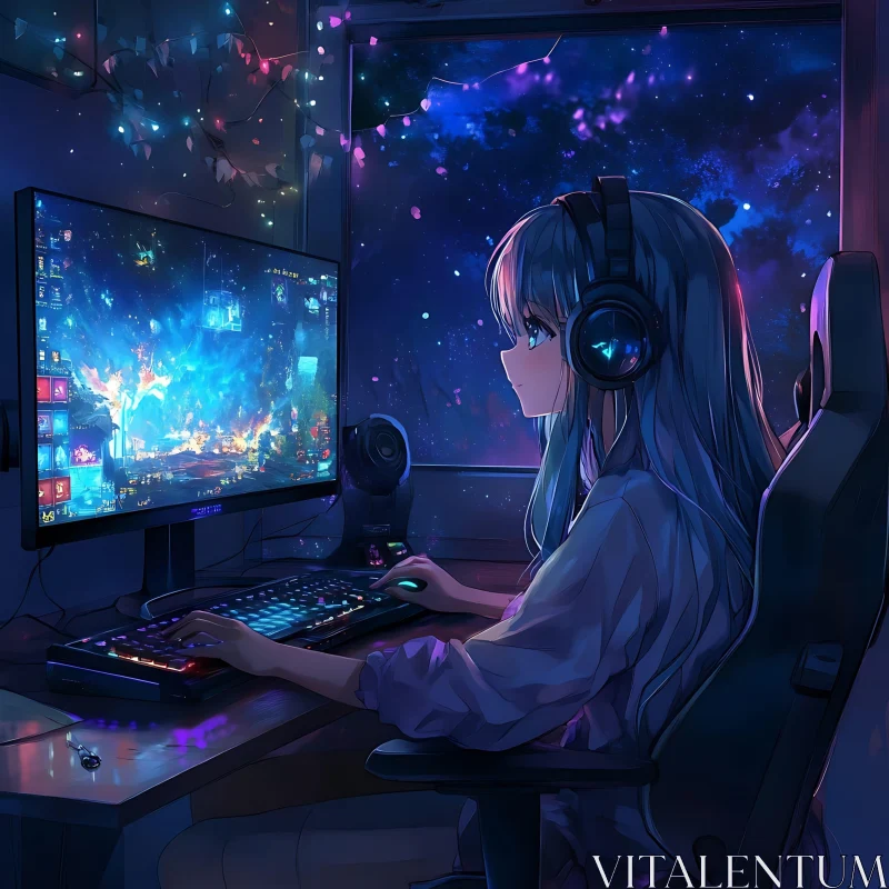 Engrossed Anime Character at Computer Desk AI Image