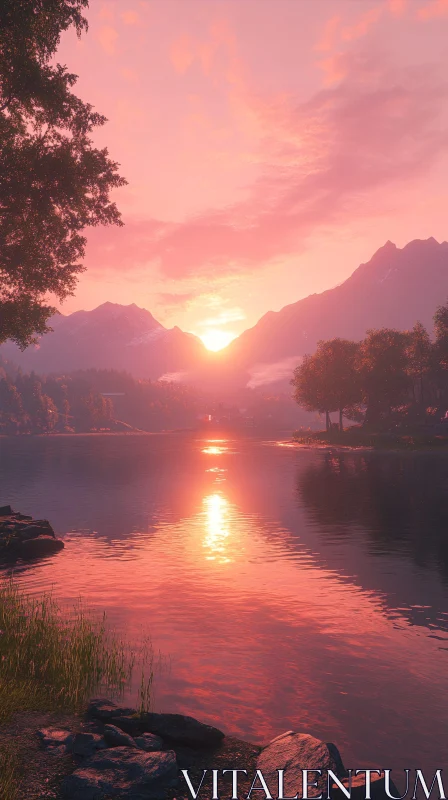 Serene Lakefront Sunset with Mountain Backdrop AI Image