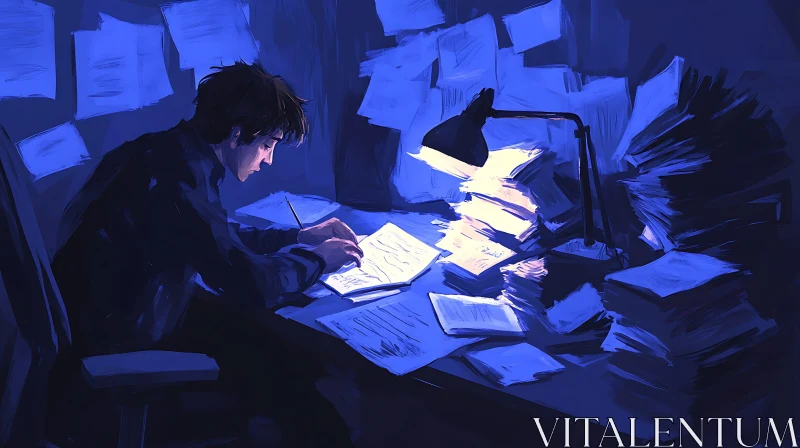 AI ART Man Working Late with Papers