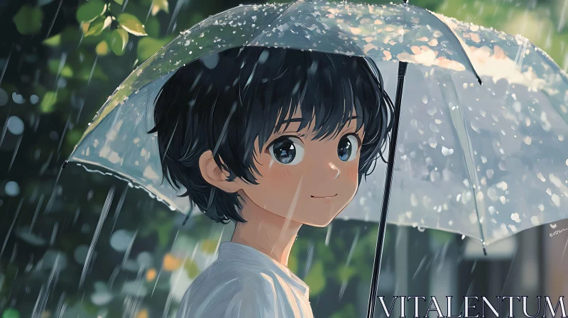 Rainy Day Anime Scene featuring a Boy with Umbrella AI Image