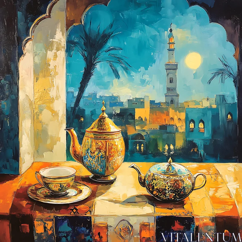 Teapots and Cityscape Still Life Painting AI Image