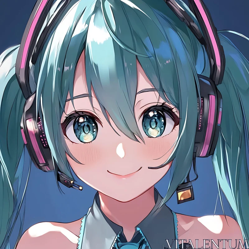 Digital Artwork of Cute Anime Girl with Headphones AI Image