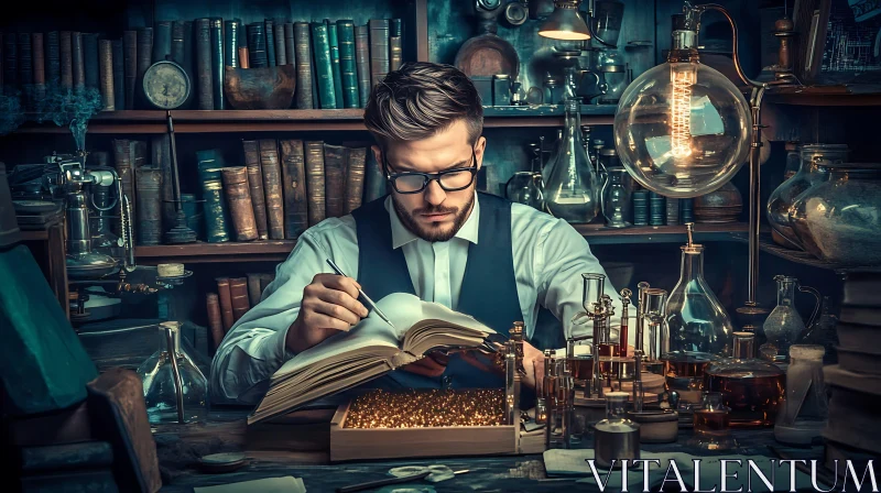 Man Reading Book in Old Lab AI Image