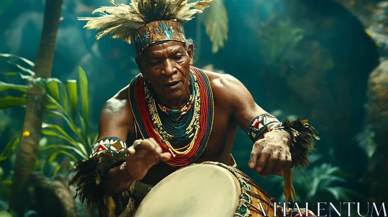 Indigenous Drummer in Jungle Setting AI Image