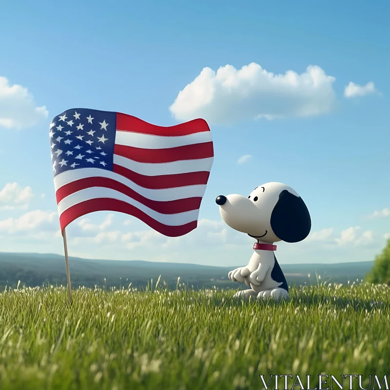 Cartoon Dog Admiring American Flag in a Sunny Field AI Image