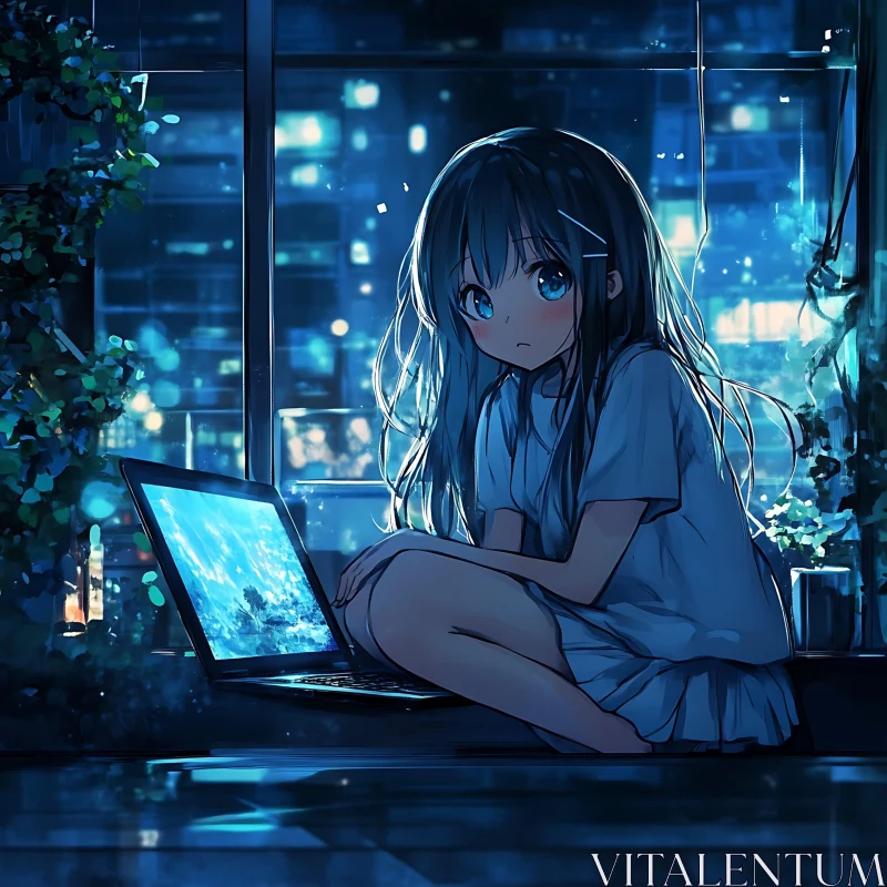 AI ART Nighttime Reflection with Anime Girl and City Lights