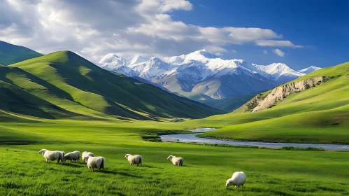 Tranquil Mountain Pasture with Grazing Sheep