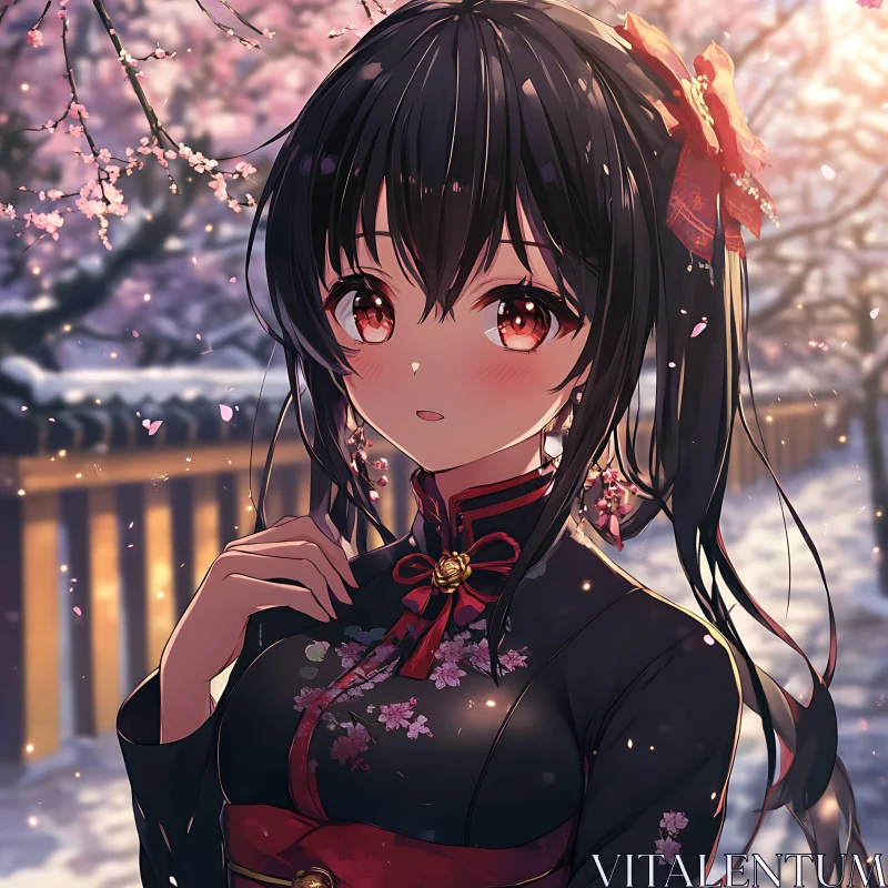 Anime Girl Amidst Snow and Cherry Blossoms AI Image