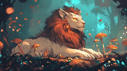 Resting Lion Amongst Glowing Mushrooms