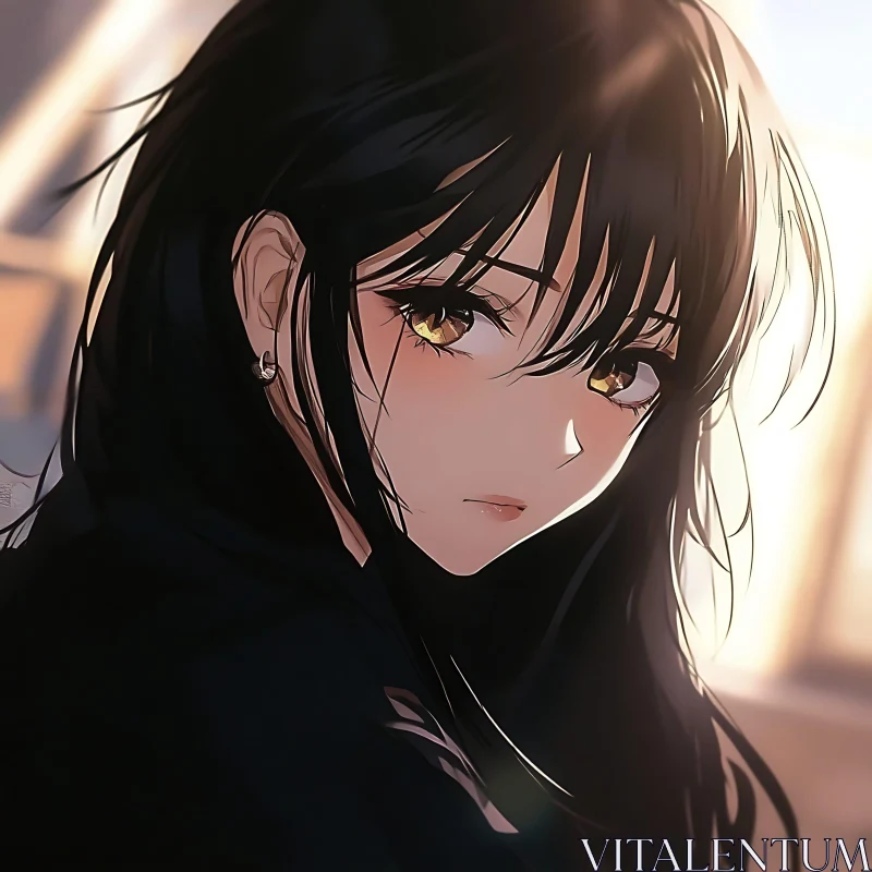 Serene Anime Portrait of Girl with Black Hair AI Image