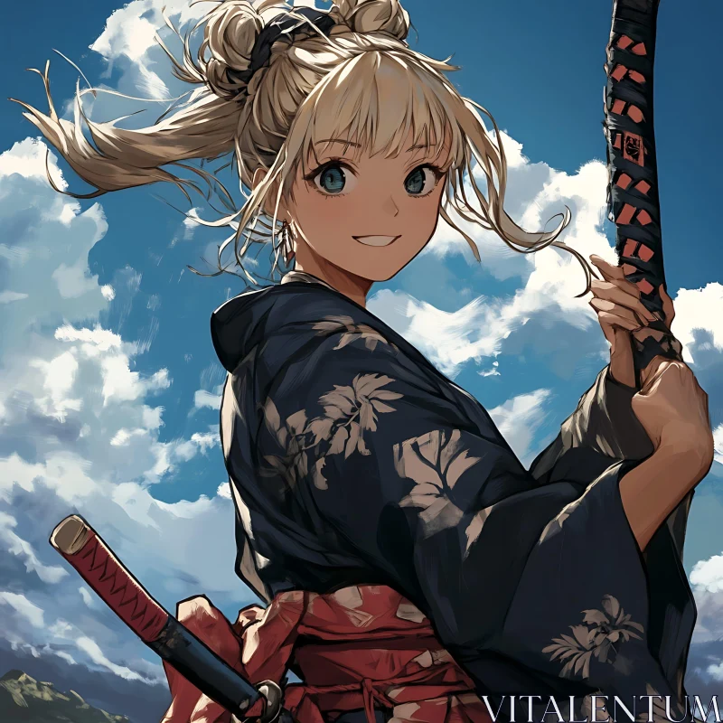 Energetic Anime Girl with Katana and Floral Kimono AI Image