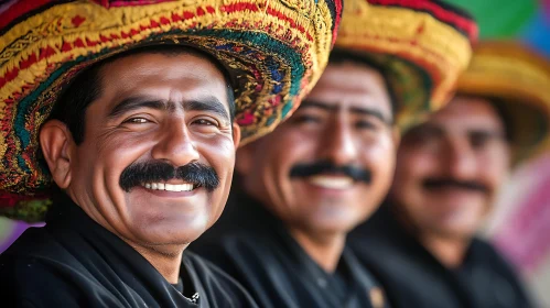 Three Men Smiling with Mustaches Wearing Hats