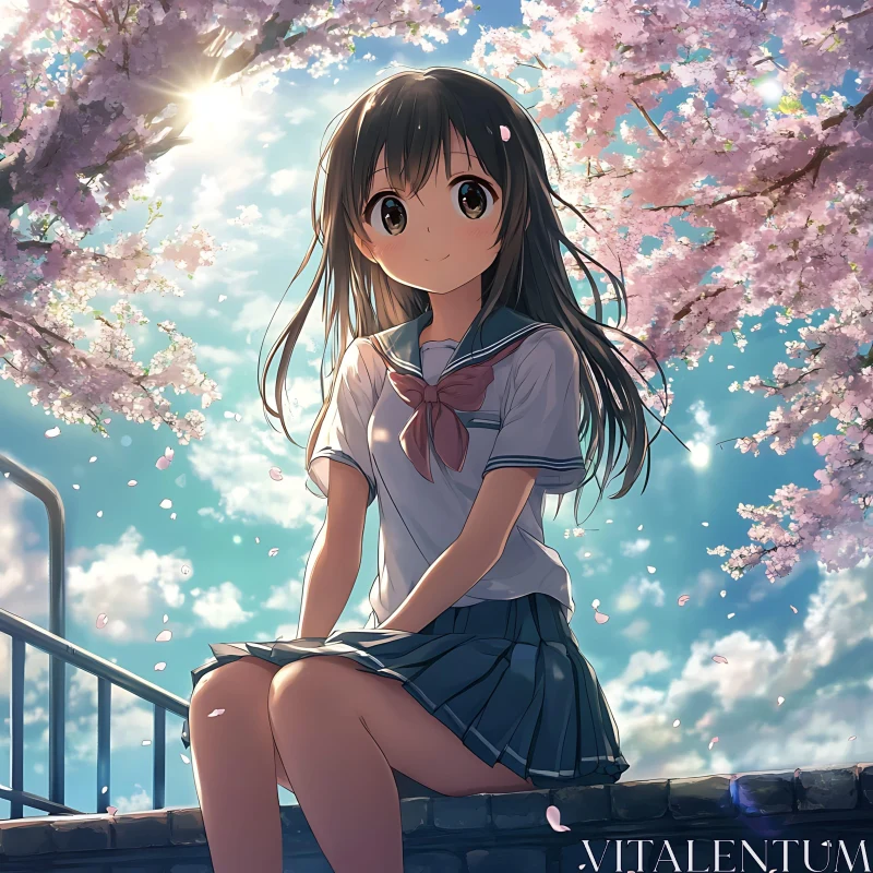 Tranquil Schoolgirl in Blooming Sakura Park AI Image