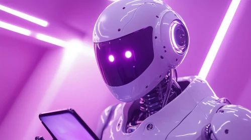 Cybernetic Robot with Tablet Under Purple Neon Lights