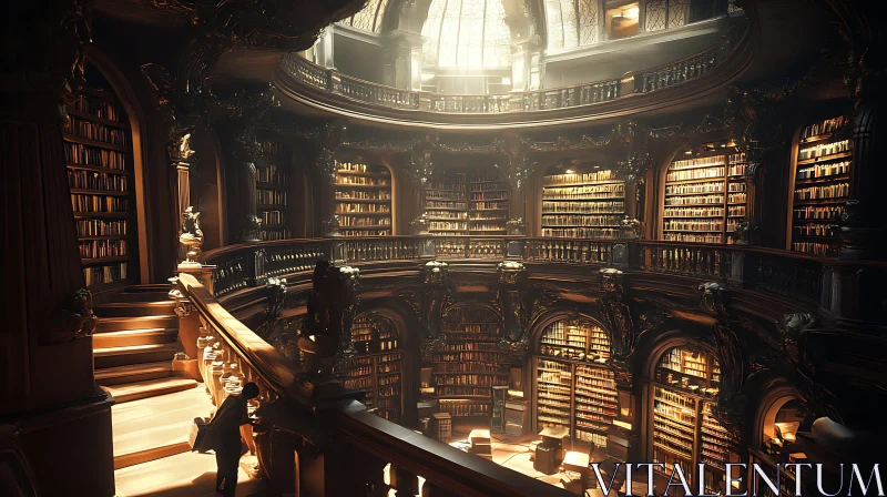 Historic Library Interior with Sunlit Stacks AI Image