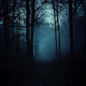 Eerie Misty Woodlands in Blue Hue