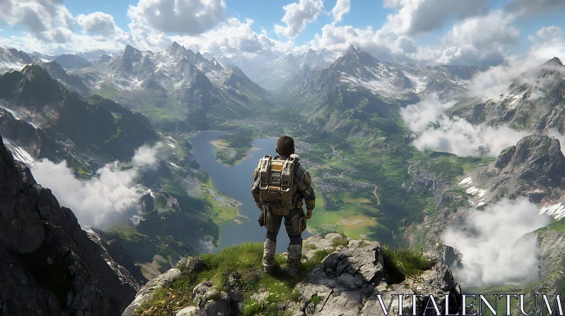 Lone Hiker Overlooking Mountain Landscape AI Image