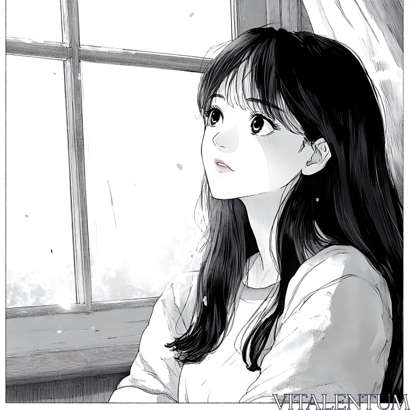 Pensive Anime Girl Looking Outside AI Image