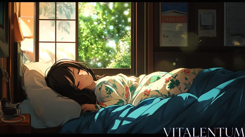 Peaceful Sleep in Cozy Anime Bedroom AI Image