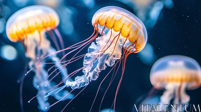 Floating Jellyfish in Deep Blue Ocean AI Image