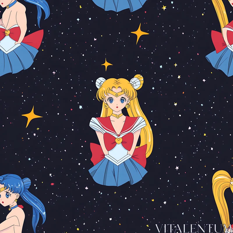 Sailor Moon Pattern with Celestial Elements AI Image