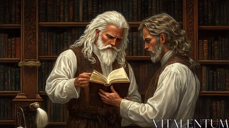 Men Reading Book in Classic Library AI Image